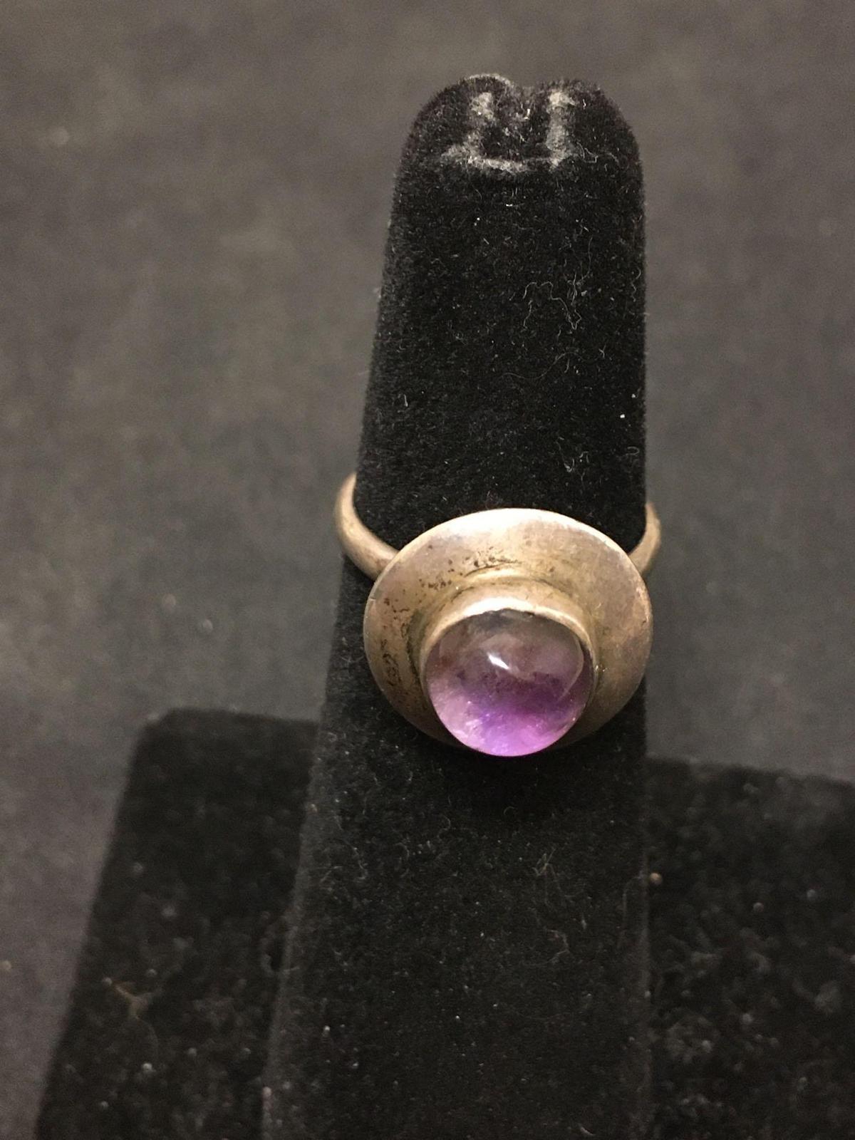 Modernist Artist Signed Sterling Silver & Cabachon Amethyst Ring Size 5