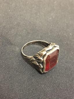 Antique Large Maroon Gemstone Hand Crafted Sterling Silver Ring Size 5