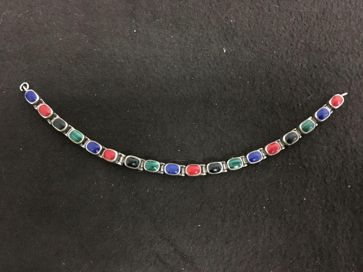 Old Pawn Sterling Silver Multi Gemstone Inlaid 7.5" Tennis Bracelet