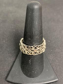 Diamond Accented Milgrain Floral Filigree Decorated 9mm Wide Eternity Sterling Silver Ring Band