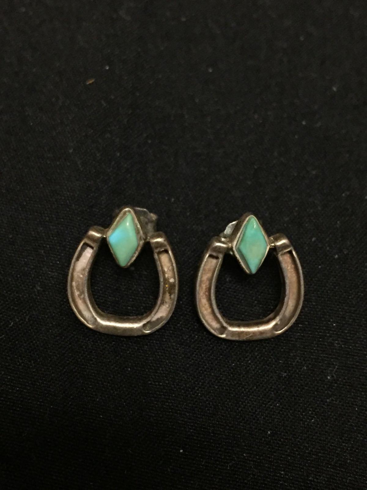 Lucky Horseshoe Design Pair of Sterling Silver Old Pawn Native American Earrings w/ Marquise