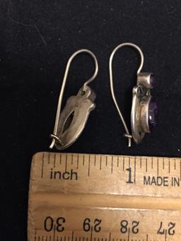 Handmade Old Pawn 20x10mm Pair of Sterling Silver Earrings w/ Round & Marquise Amethyst Cabochon