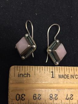 Handmade Old Pawn Kite Shaped 17x17mm Detailed Pair of Sterling Silver Earrings w/ Rose Quartz