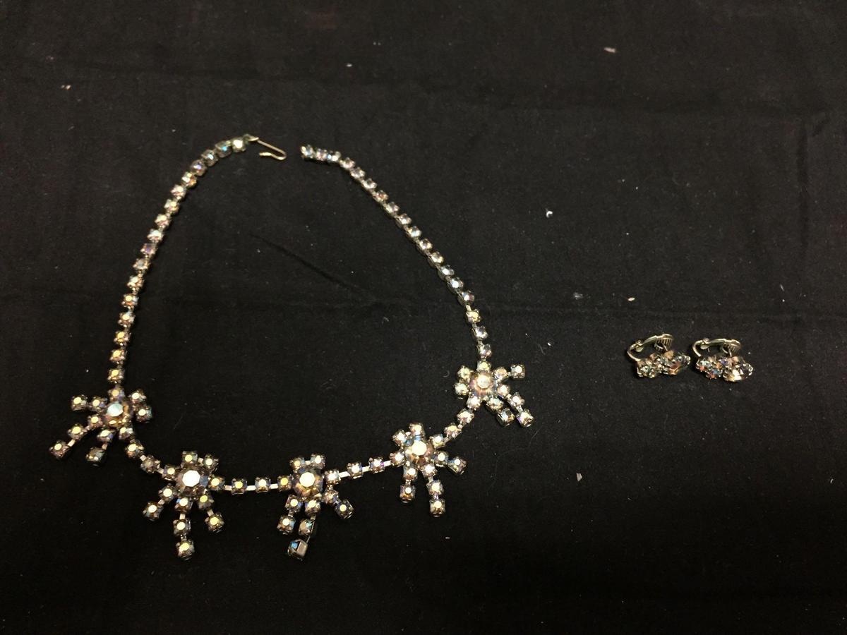 Lot of Two Matched Set of Mystic Rhinestone Featured Jewelry, One Pair of Earrings & 14in Long