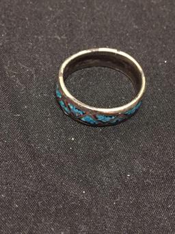 Broken Edge Turquoise Inlaid Staggered Triangle Eternity Design 7mm Wide Old Pawn Native American