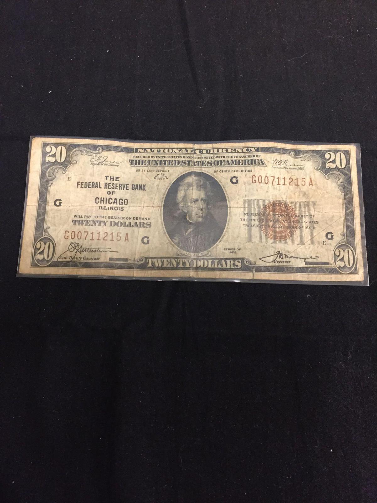 1929 United States Jackson $20 National Bank Note from Estate Collection - Chicago Illinois