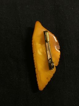 Vintage Handmade 49x20mm Polished Leaf Detail Orange Bakelite Brooch