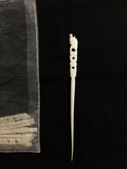 Eleven Asian Style 3in Long Elephant Motif Bone Carved Toothpicks w/ Box