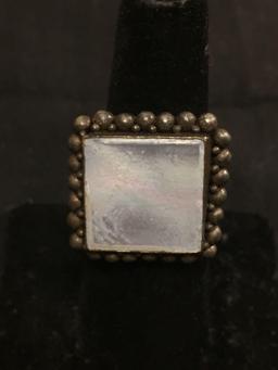 Square Bead Ball Decorated 22mm Wide Top w/ Square 16mm Mother of Pearl Center Signed Designer Old