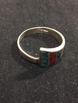 Old Pawn Mexico 10mm Wide High Polished Signed Designer Sterling Silver Bypass Ring Band w/ Inlaid