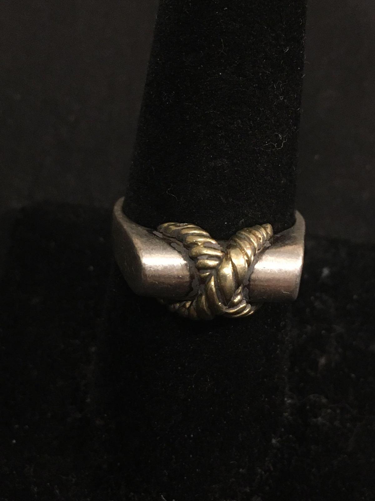 Old Pawn Handmade 9mm Wide Tapered High Polished Sterling Silver Ring Band w/ Gold-Tone Rope