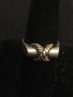 Old Pawn Handmade 9mm Wide Tapered High Polished Sterling Silver Ring Band w/ Gold-Tone Rope