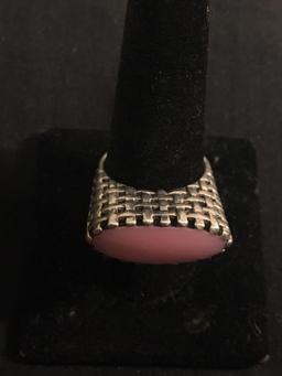 Oval 23x9mm Pink Mother of Pearl Inlay 8mm High of the Finger w/ Cross-Hatch Design Sterling Silver