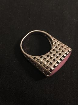 Oval 23x9mm Pink Mother of Pearl Inlay 8mm High of the Finger w/ Cross-Hatch Design Sterling Silver