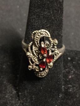 Three Marquise Faceted Garnet Centers w/ Milgrain Marcasite Accents 22mm Long Tapered Vintage Old