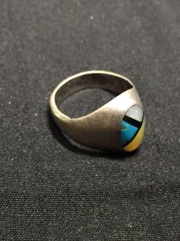 Old Pawn Native American Style Brush Finish 13mm Wide Tapered Sterling Silver Ring Band w/ Turquoise