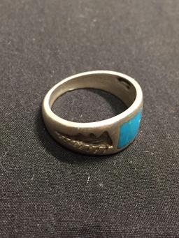 Old Pawn Native American 11mm Wide Tapered Handmade Sterling Silver Ring Band w/ Square Turquoise