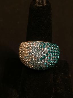 Domed 17mm Wide Tapered Sterling Silver Ring Band w/ White, Light Blue & Teal Blue Faded Rhinestone