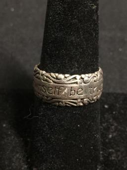 MWS Designer Filigree Decorated 9mm Wide To Thine Own self be True Motif Sterling Silver Band