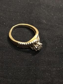 Round Faceted Illusion Set Diamond Center w/ Diamond Accented Ribbons Gold-Tone Bypass Sterling