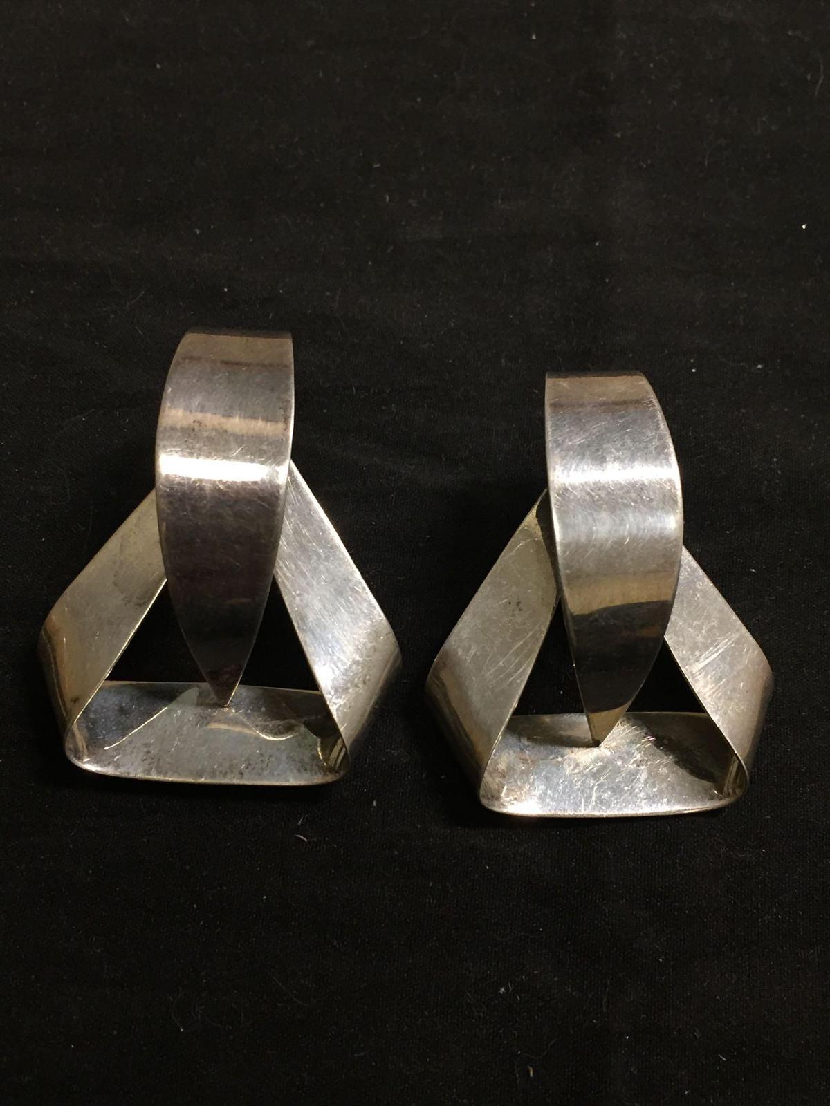 Old Pawn Mexico Designer Flatt Ribbon Motif Handmade High Polished 45x35mm Pair of Sterling Silver