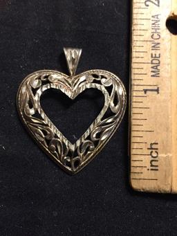 Laser-Carved Filigree Decorated 35x30mm Signed Designer Sterling Silver Heart Pendant