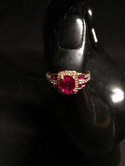 Oval Checkerboard Faceted 8x6mm Rubellite Center w/ Round White CZ Halo & Rubellite Baguette Sides