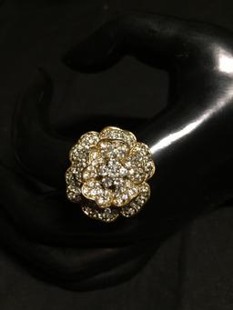 Round 25mm Diameter Three Tier Round CZ Encrusted Flower Blossom Feature Signed Designer Gold-Tone