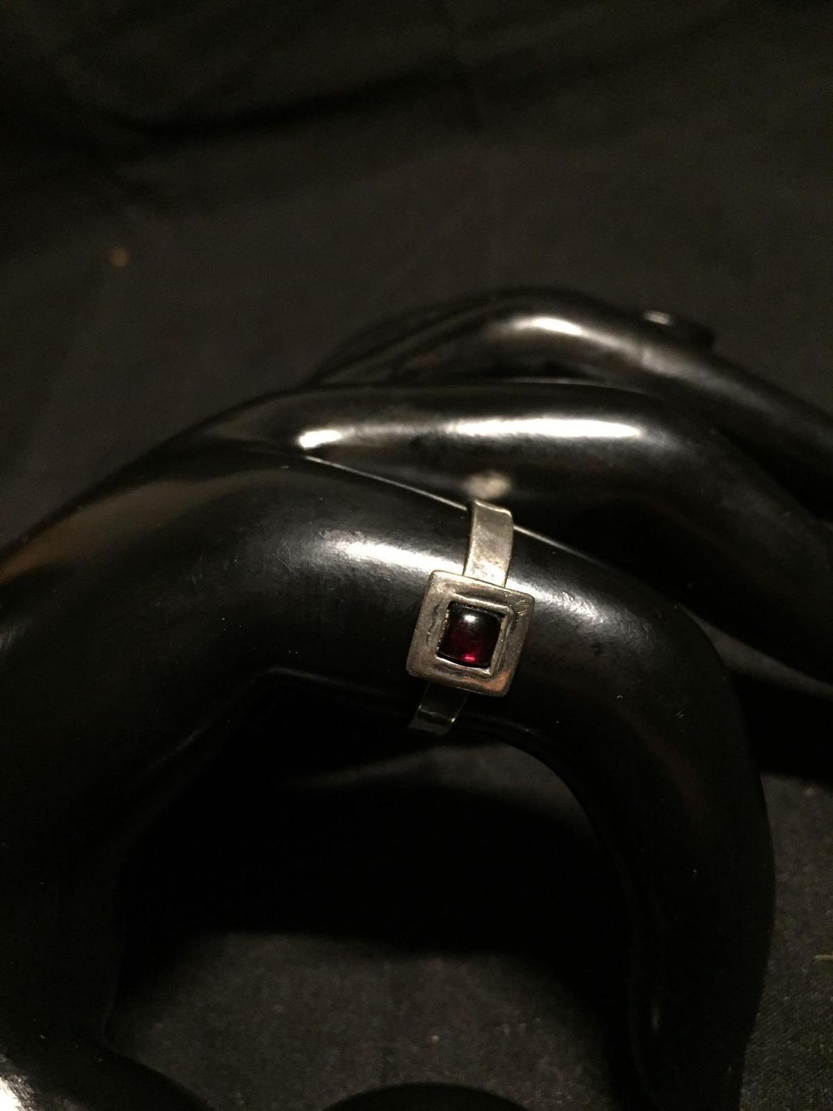 Old Pawn Israeli Handmade Sterling Silver Ring Band w/ Square 8mm Feature & Round 4mm Garnet