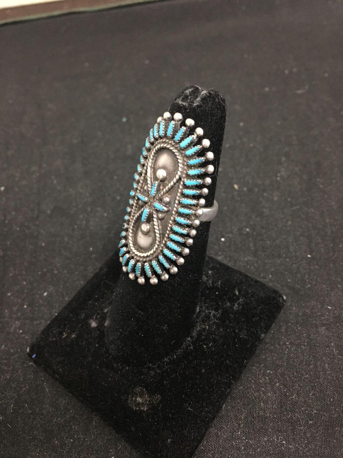 VS Johnson Signed Zuni Style Turquoise Work Sterling Silver Ring Size 5