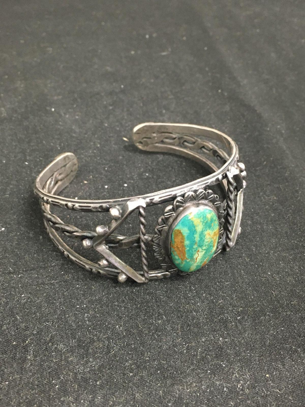 Antique Native American Sterling Silver Large Cuff Bracelet W/ Stunning Green Turquoise Stone