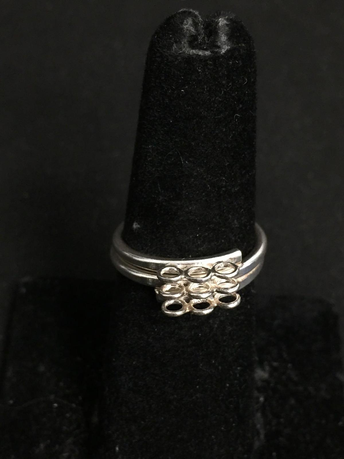 Three Rows Matched Ring Center Detail 5.5mm Wide High Polished Sterling Silver Coil Ring Band
