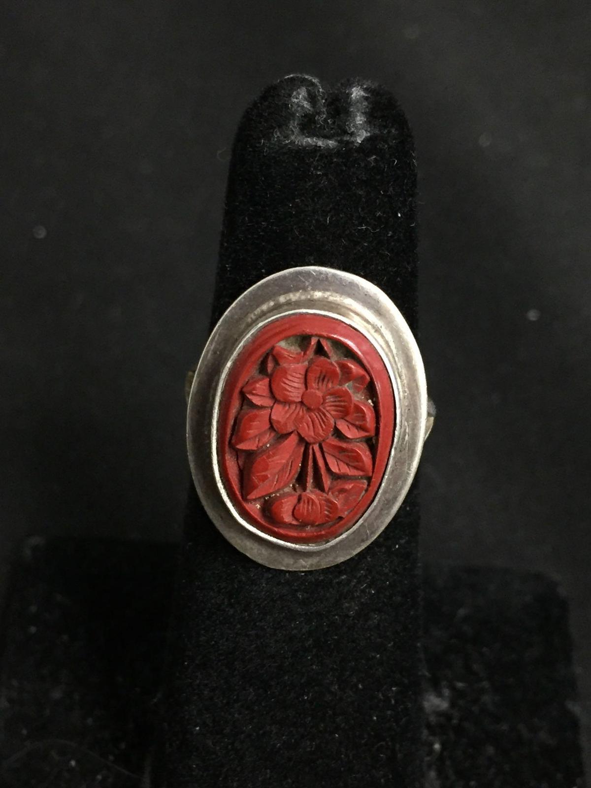 Oval 15x11mm Hand-Carved Red Coral Floral Motif Center Split Shank Old Pawn Mexico Sterling Silver