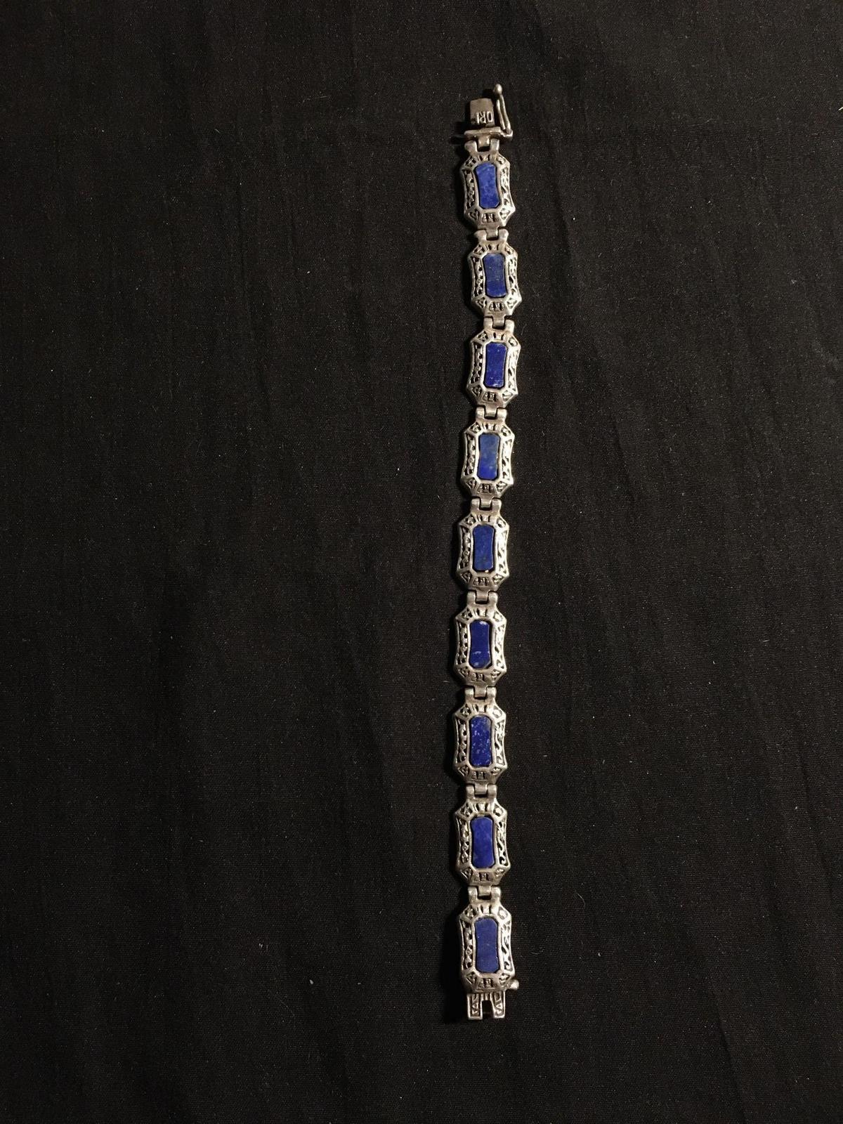 Asian Inspired 10mm Wide 7in Long Signed Designer Sterling Silver Link Bracelet w/ Lapis Inlaid