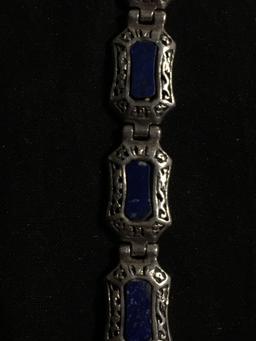 Asian Inspired 10mm Wide 7in Long Signed Designer Sterling Silver Link Bracelet w/ Lapis Inlaid