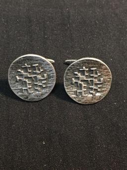 Round 20mm French Made Hammer Finished Handmade Pair of Sterling Silver Signed Designer Cufflinks