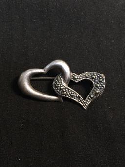 Double Heart Themed 39x25mm Sterling Silver Brooch w/ High Polished Heart & Milgrain Marcasite