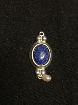 Oval 9x7mm Lapis Cabochon Center Sterling Silver Pendant w/ Seed Pearl Drop