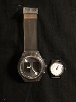 Lot of Two Watches, One Round 32mm Bezel Stainless Steel Watch & Resin Digital Watch & Loose Snow