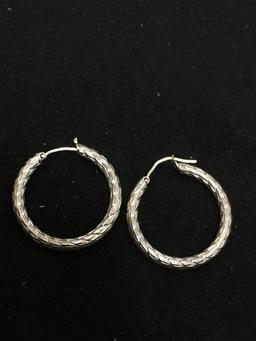 High Polished Twisted Laser-Carved Detailed 26mm Diameter 3mm Wide Pair of Sterling Silver Hoop