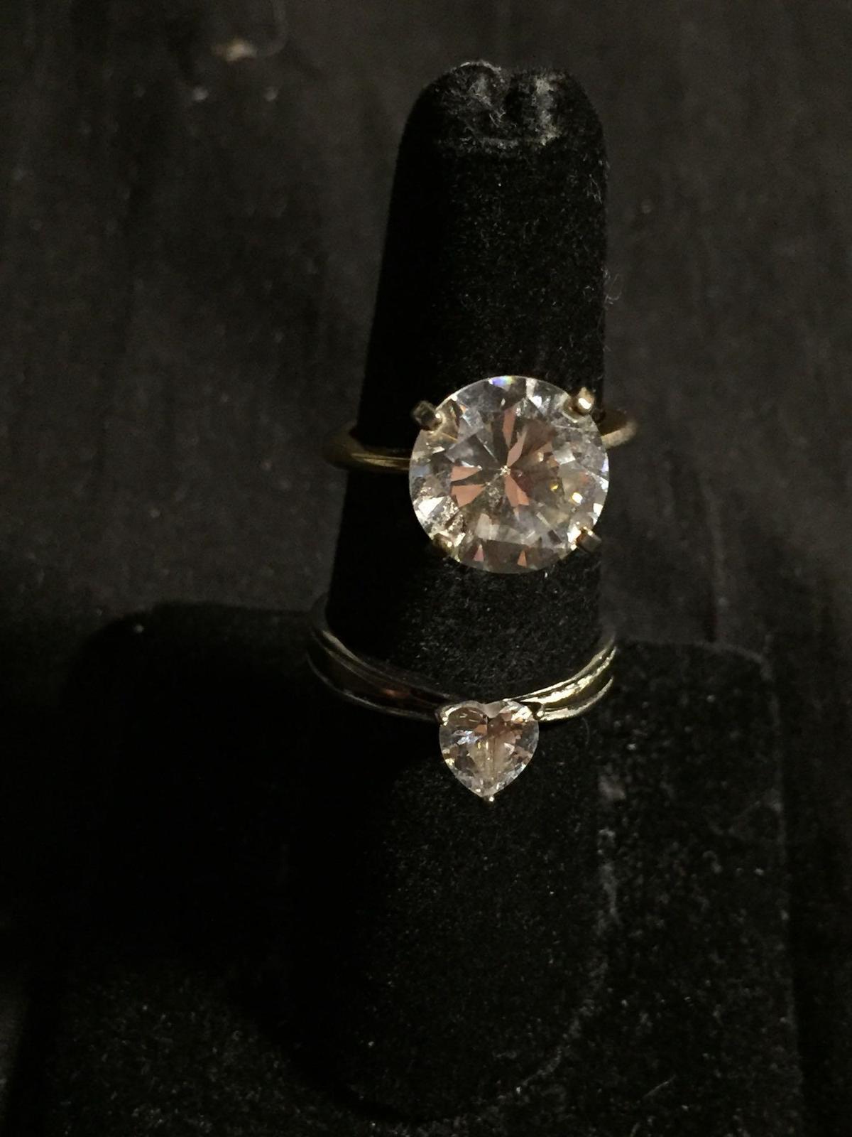 Lot of Two Alloy Engagement Ring Bands, One Gold-Tone w/ Round 11mm CZ & Silver-Tone w/ 5.5mm Heart