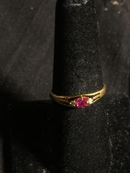 Square Step Faceted 2.5mm Created Pink Sapphire Center w/ CZ Sides 18Kt Gold-Plated Ring Band