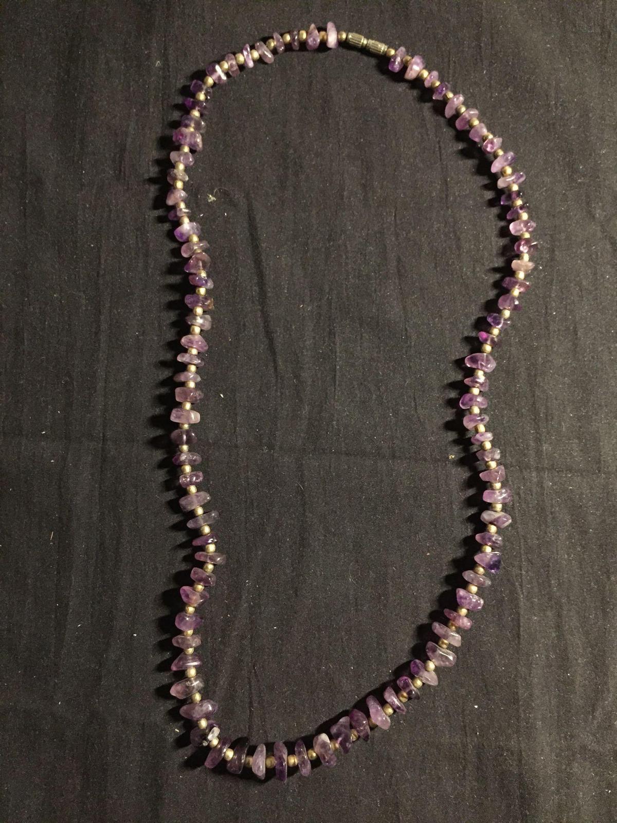 Polished Rough Tumbled Amethyst Beads 24in Long Hand-Beaded Necklace