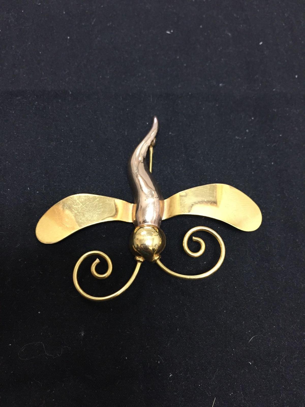 High Polished Handmade 65x60mm Signed Designer 12Kt Gold-Filled Dragonfly Brooch