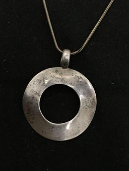 Round 30mm Diameter Wave Design Sterling Silver Signed Designer Pendant w/ 22in Long Snake Chain