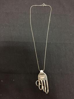 Handmade 58x25mm Graduating Curled Tines Sterling Silver Signed Designer Fork Pendant w/ 18in Long