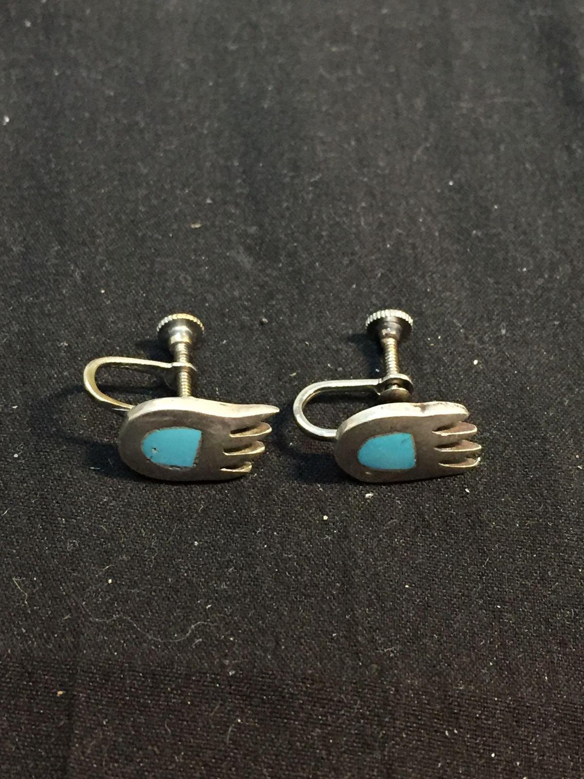 Old Pawn Native American Bear Claw Design Turquoise Inlaid 15x9mm Pair of Sterling Silver Screw back