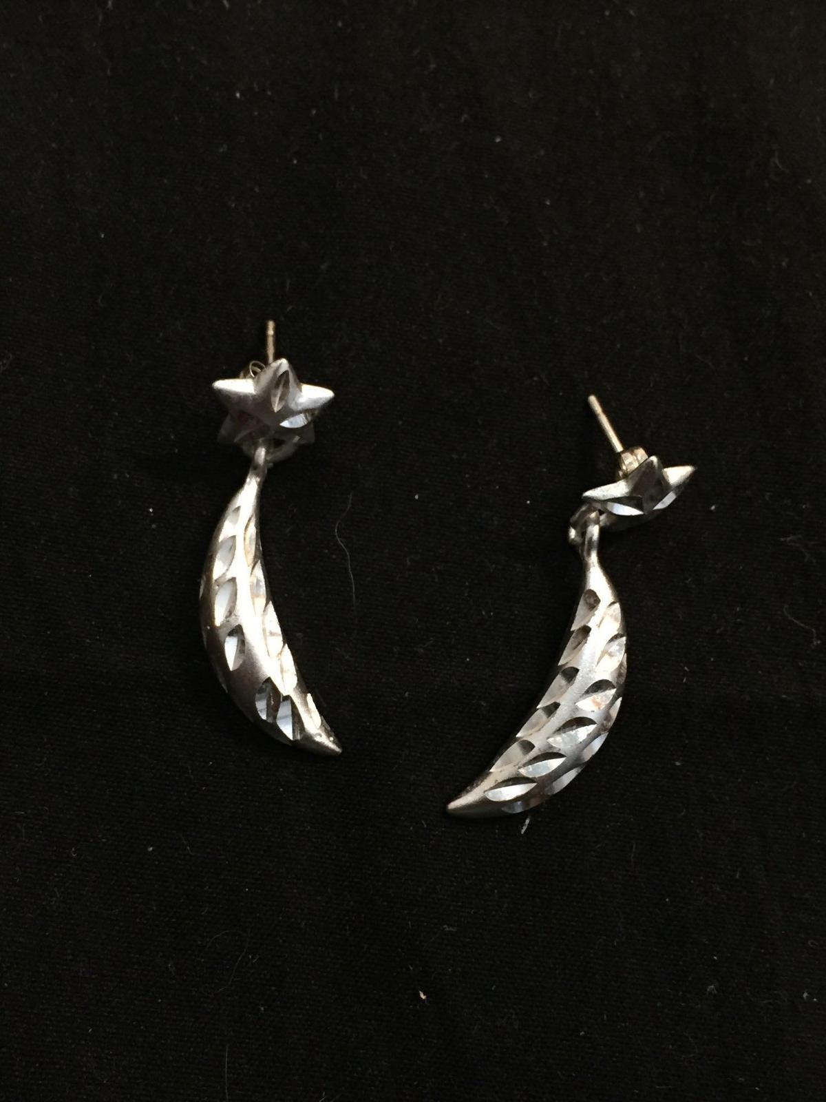 HAN Designer Laser-Carved Detailed Star & Crescent Moon Design 33mm Long Pair of Sterling Silver