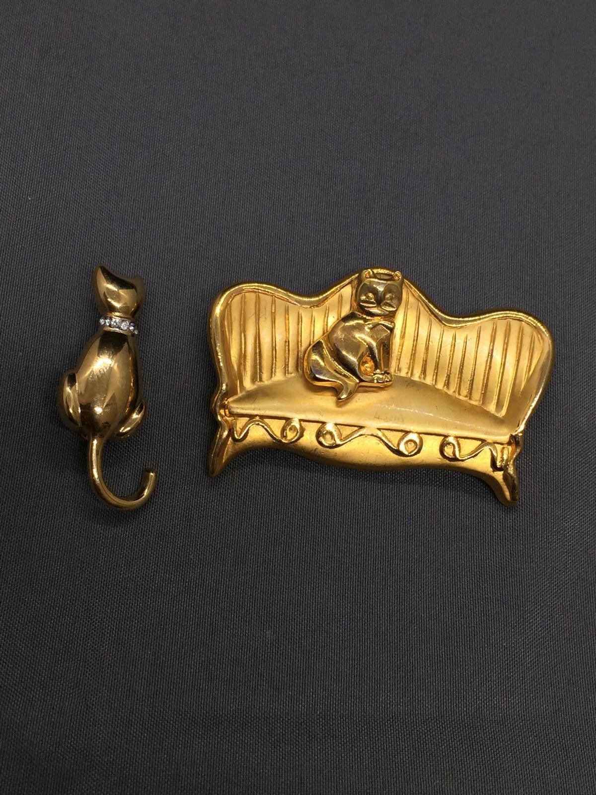 Lot of Two High Polished Gold-Tone Cat Motif Fashion Alloy Brooches