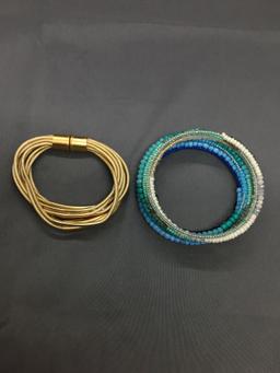 Lot of Two Fashion Bracelets, One Beaded 3in Diameter Coil & Gold-Tone Magnetic